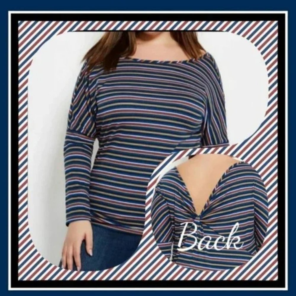 Ashley Stewart Blue Striped Twist Back Tee 14/16